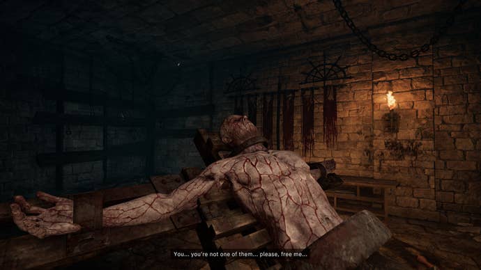 A man stretched out on a torture rack-like device and crisscrossed with bloody scars.  He's in a dungeon of some kind and he believes we're here to help him, or give him mercy.