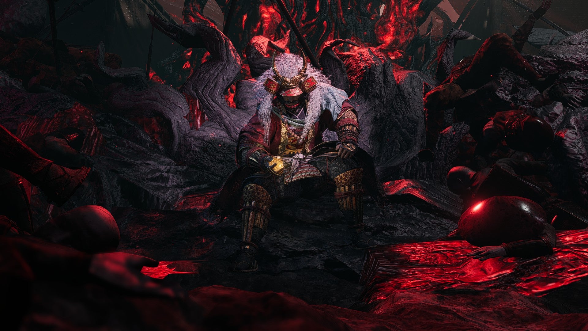 Takeda Shingen sits on a hellish throne holding a piece of Amrita in Nioh 3. - 19
