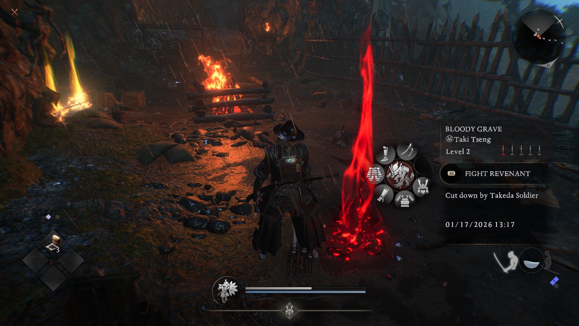 Standing next to a Bloody Grave in Nioh 3 with the stats of a Revenant visible. - 10