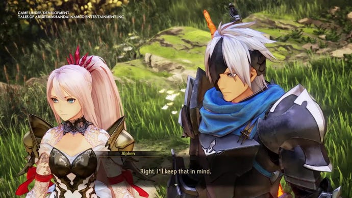 An image from Tales Of Arise which shows Alphen in conversation with Shionne. He says, “Right, I’ll keep that in mind”.
