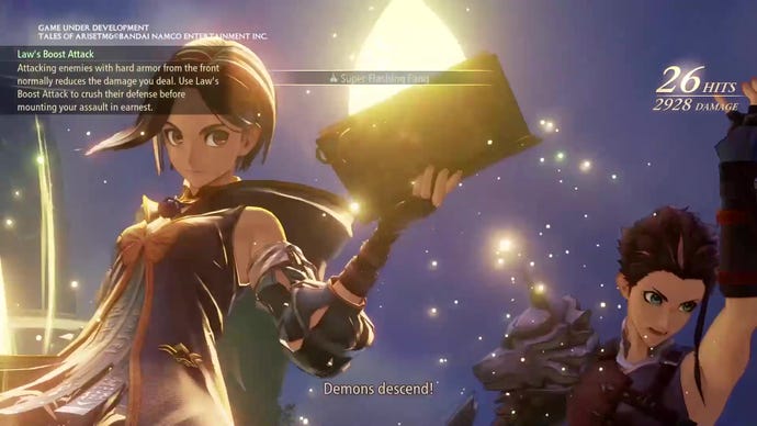 An image from Tales of Arise which shows two characters, a mage and a martial artist, about to pull off a special move called “Demons Descend”.