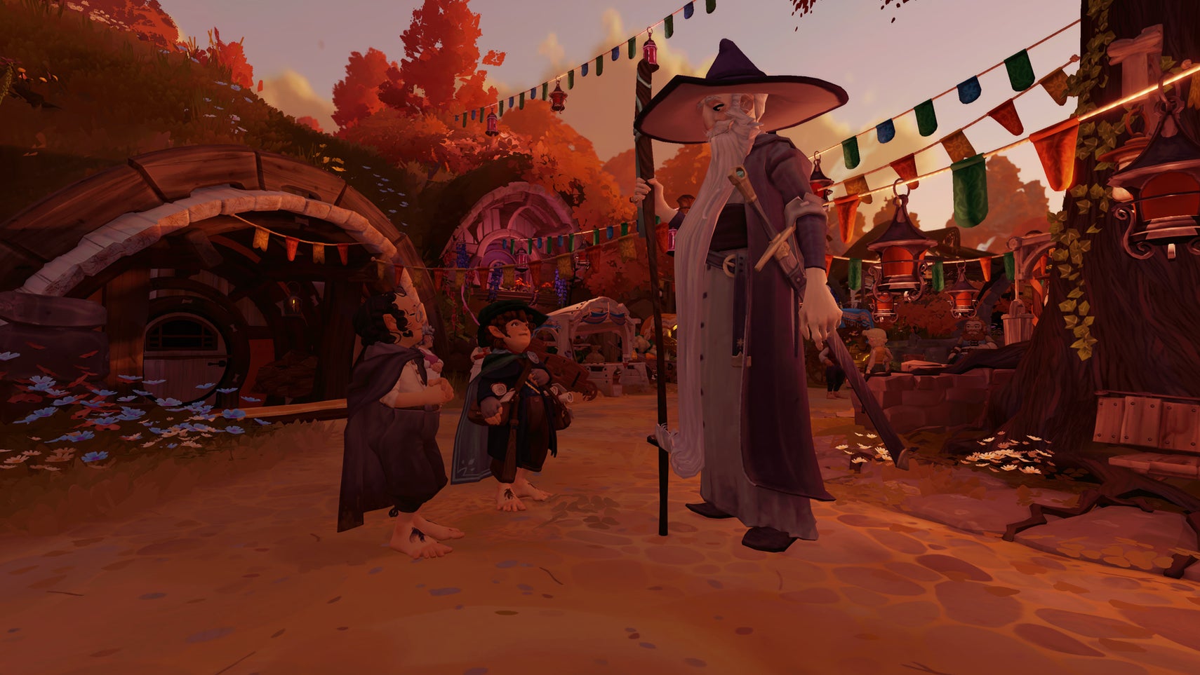 A still from Tales of the Shire of two Hobbits talking with a wizard-looking fellow. - 1