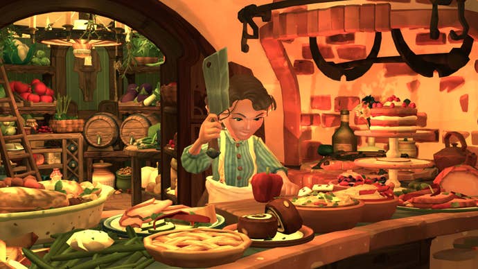 A Hobbit in Tales of the Shire cooking something in their kitchen.