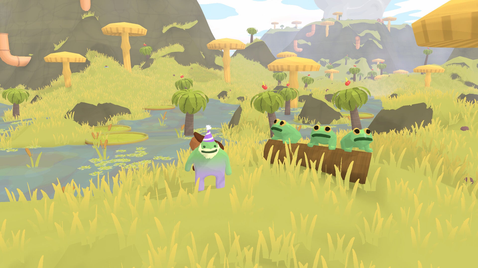 3 frogs on a tree log next to a bearded golem in Tall Trails. - 1