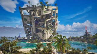 A huge cube of concrete emerges from a tropical island in The Talos Principle 2.