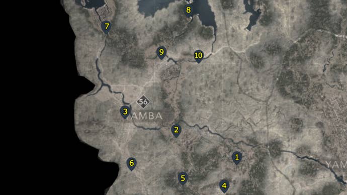A map with pointers showing all Kakurega in the Tamba region of Assassin’s Creed Shadows.