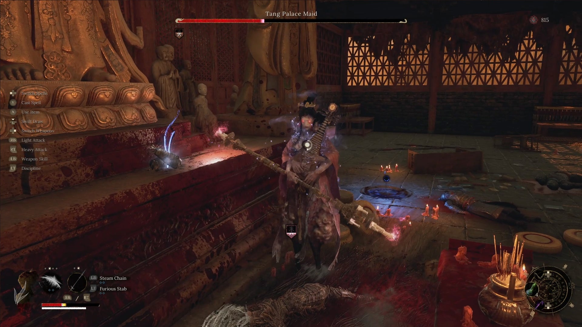 Fighting the Tang Palace Maid for the second time in Wuchang Fallen Feathers. She resembles a spectral ghost with a staff, much like her first incarnation. - 11