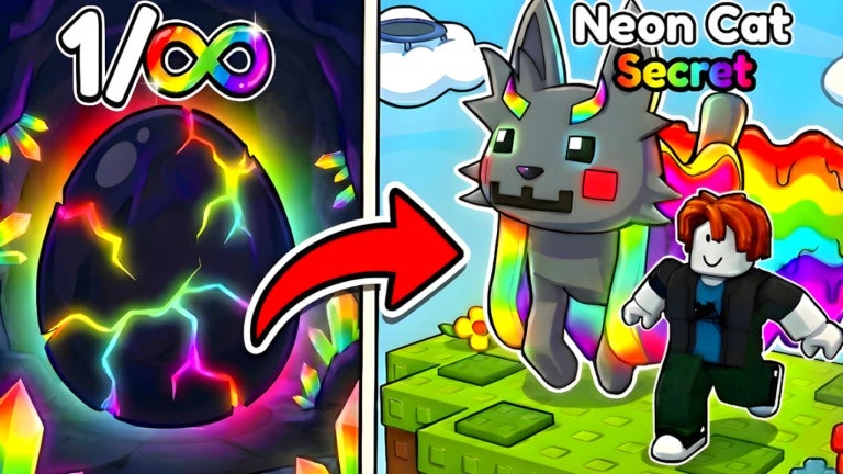 Artwork for the Roblox game Tap Simulator showing an egg and a Roblox character alongside a large and cute cat-like pet. - 1
