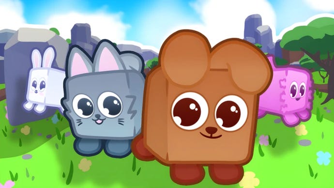 Artwork for the Roblox game Tapping Legends Final, showing cute, cartoon-like animals in a cube-shaped form.