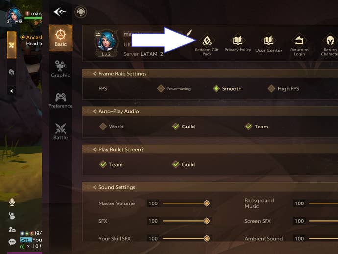 A screenshot from Tarisland showing the game's codes button.