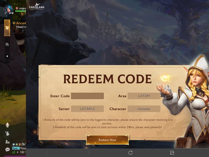 A screenshot from Tarisland showing the game's codes page.