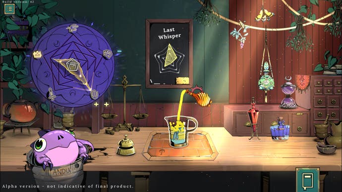 A drink is being mixed in Tavern Talk, with a purple dragon sitting close by to the mixing table.