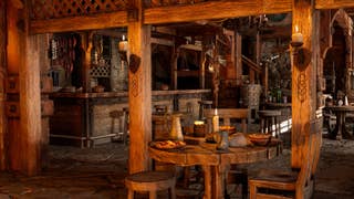 An interior of an old, woodern tavern, all chunky tables, beams and bar. Candlelight lights the scene. It's heavenly.