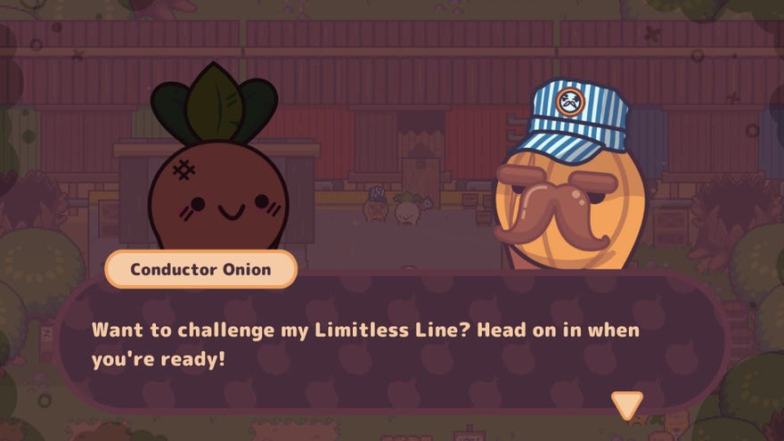 A screenshot of Turnip Boy Commits Tax Evasion DLC Sunset Station, featuring a conductor onion inviting you aboard a train.