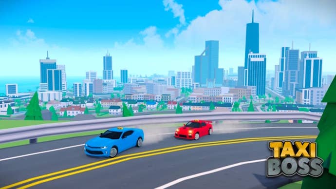 Two cars rounding a corner in Taxi Boss with a cityscape in the background