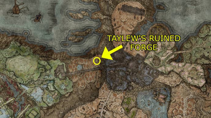 The location of Taylew’s Ruined Forge on Elden Ring: Shadow of the Erdtree’s map.
