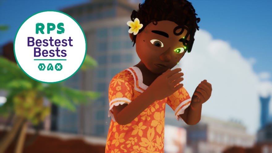 Tchia looks down at some yellow sparkles emanating from her hands in Tchia.