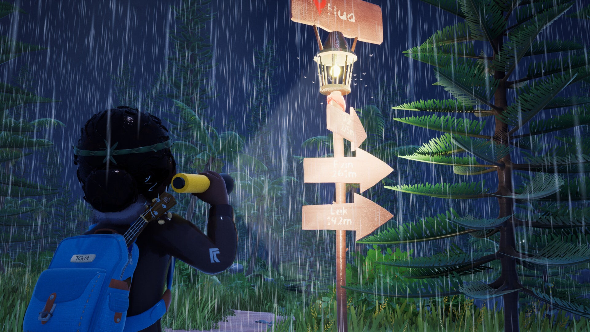 Official artwork of Tchia facing a signpost in the dark with a torch, in the rain.