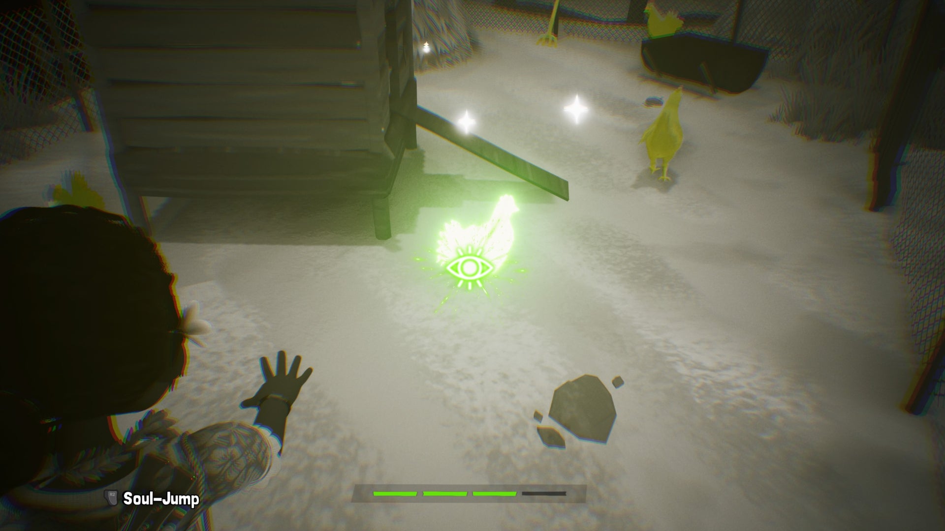 Tchia getting ready to soul jump into a Chicken in Tchia