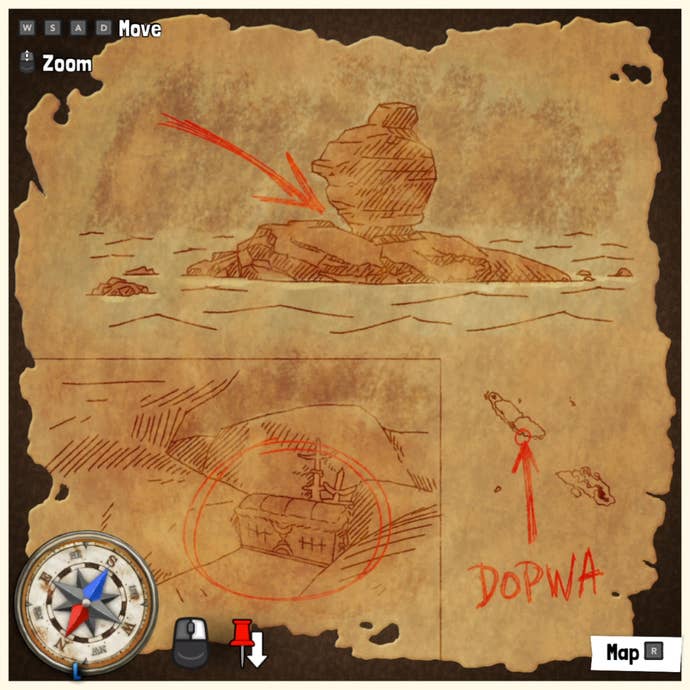 A treasure map in Tchia, marking the location of a Treasure Chest somewhere in the world.