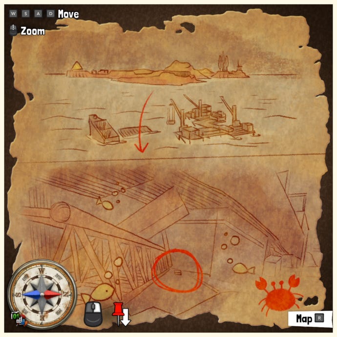 A treasure map in Tchia, marking the location of a Treasure Chest somewhere in the world.