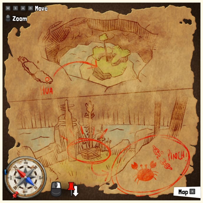 A treasure map in Tchia, marking the location of a Treasure Chest somewhere in the world.