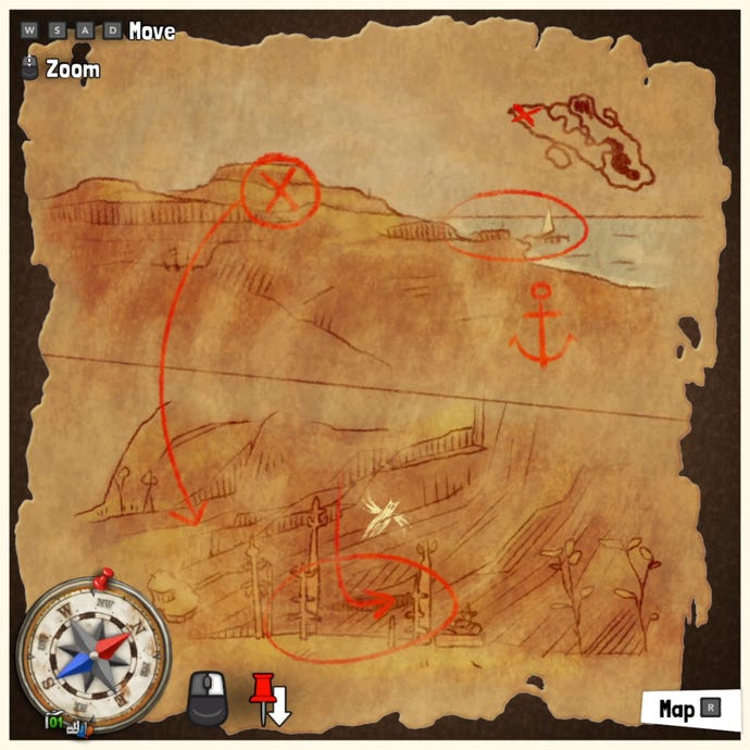 A treasure map in Tchia, marking the location of a Treasure Chest somewhere in the world.