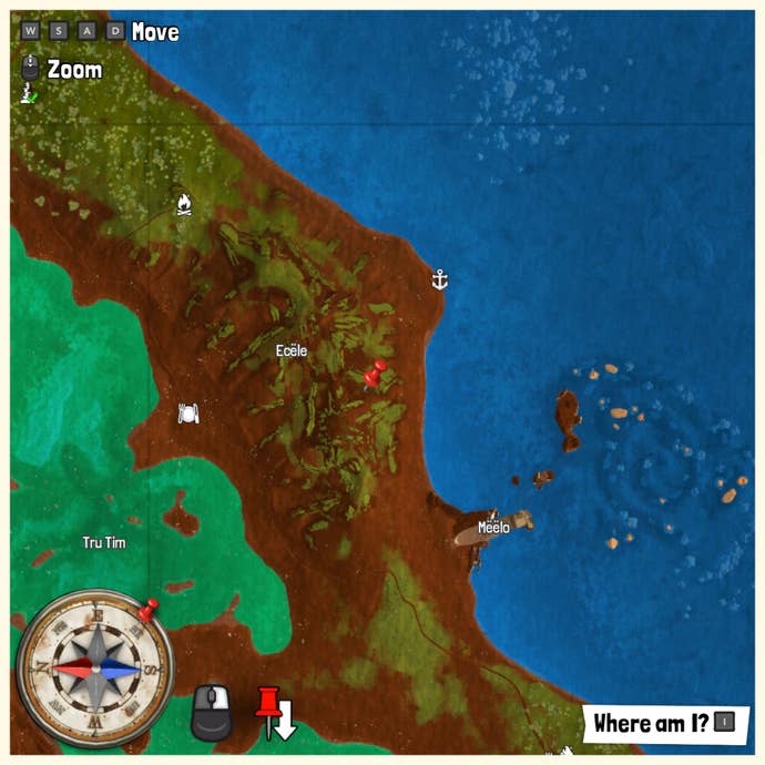 Part of the Tchia map with a pin marking the location of a Treasure Chest.
