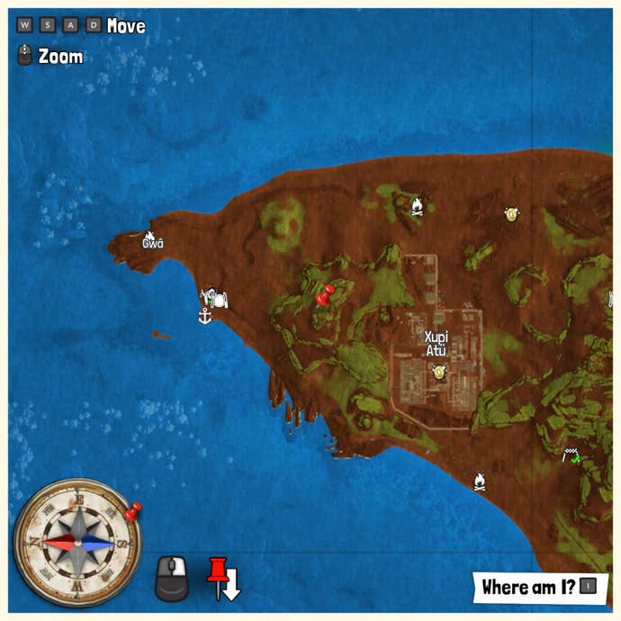 Part of the Tchia map with a pin marking the location of a Treasure Chest.