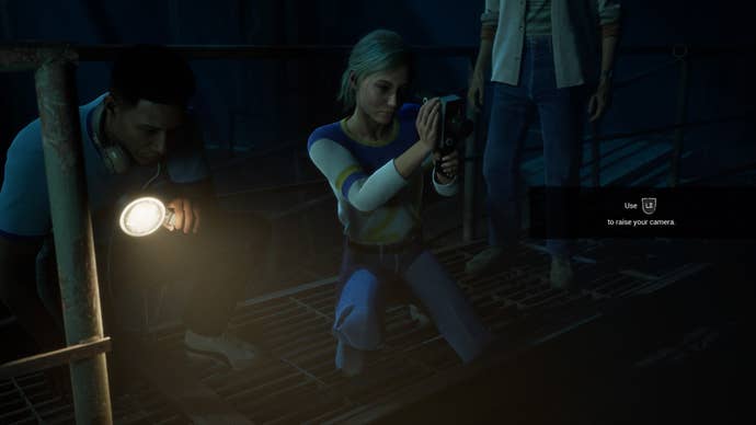 The Casting of Frank Stone screenshot shows a character kneeling while holding a Super 8 camera.