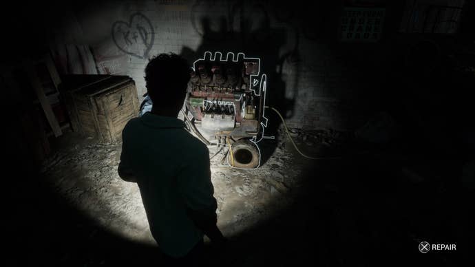 The Casting of Frank Stone screenshot shows a character pointing a flashlight at a generator.