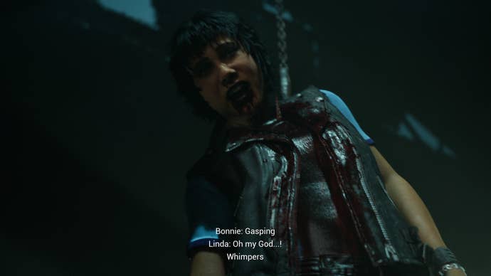 The Casting of Frank Stone screenshot shows a character bleeding while a meat hook is embedded into their shoulder.