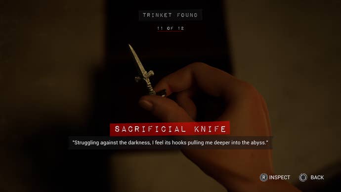 The Casting of Frank Stone screenshot shows a character holding a small sacrificial knife trinket.