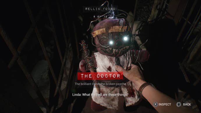 The Casting of Frank Stone screenshot shows a character holding the Dead by Daylight Killer The Doctor in a plush form with glowing blue eyes.