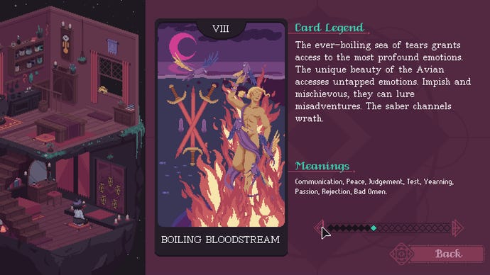 Text details the legend of the Boiling Bloodstream tarot card in a gameplay screen from The Cosmic Wheel Sisterhood