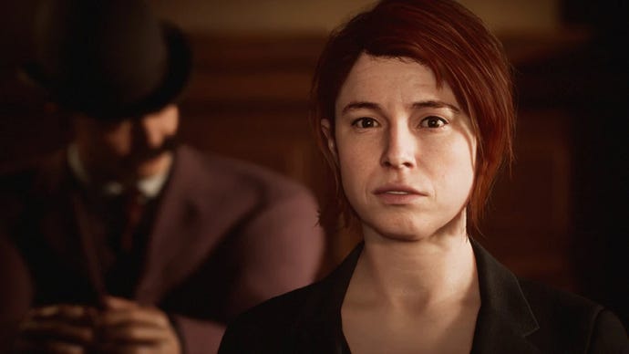 Jessie Buckley as Kate Wilder in The Dark Pictures Anthology: The Devil In Me. In the background of the shot, a Supermassive house model portrays an actor playing H.H. Holmes in Kate’s documentary series.