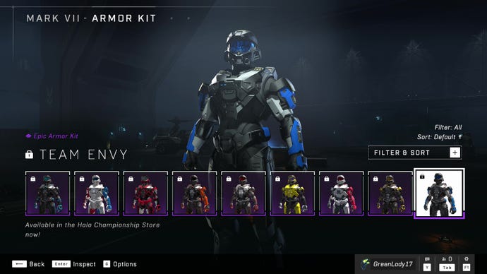 Halo Infinite’s Mark VII Armor Core, sporting the Team Envy Armor Kit customisation.