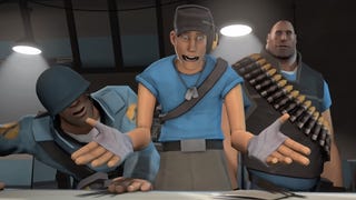 The Soldier, Scout and Heavy look at notes on a table in dismay in Team Fortress 2