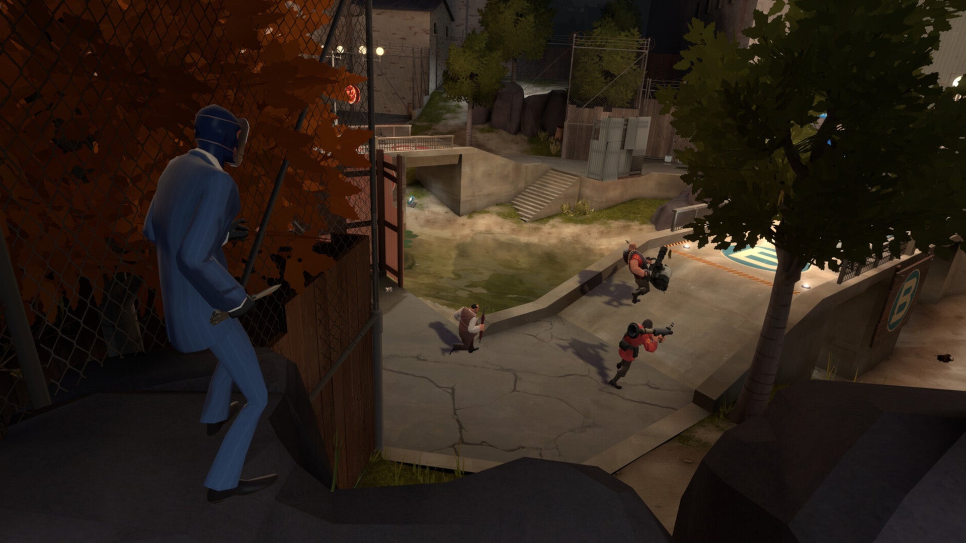 The Spy from Team Fortress 2 Classified is peering out various other characters from the edge of a cliff, hidden from their view.