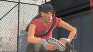 Team Fortress 2's Scout squats and squints while holding a sandwich.