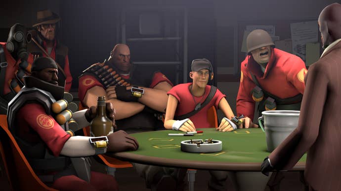 Various Team Fortress 2 characters sat around a poker table.