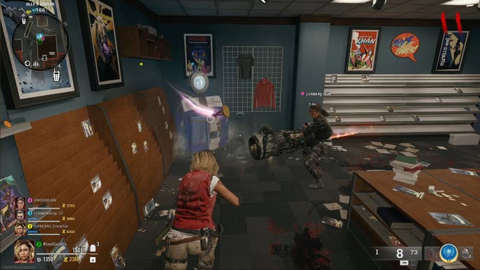 A teammate holds the absolutely massive Thrustodyne M23 in Black Ops 6 Zombies.