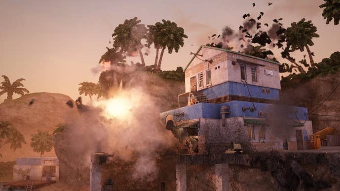 Blowing a hole in the side of a house in a Teardown screenshot.