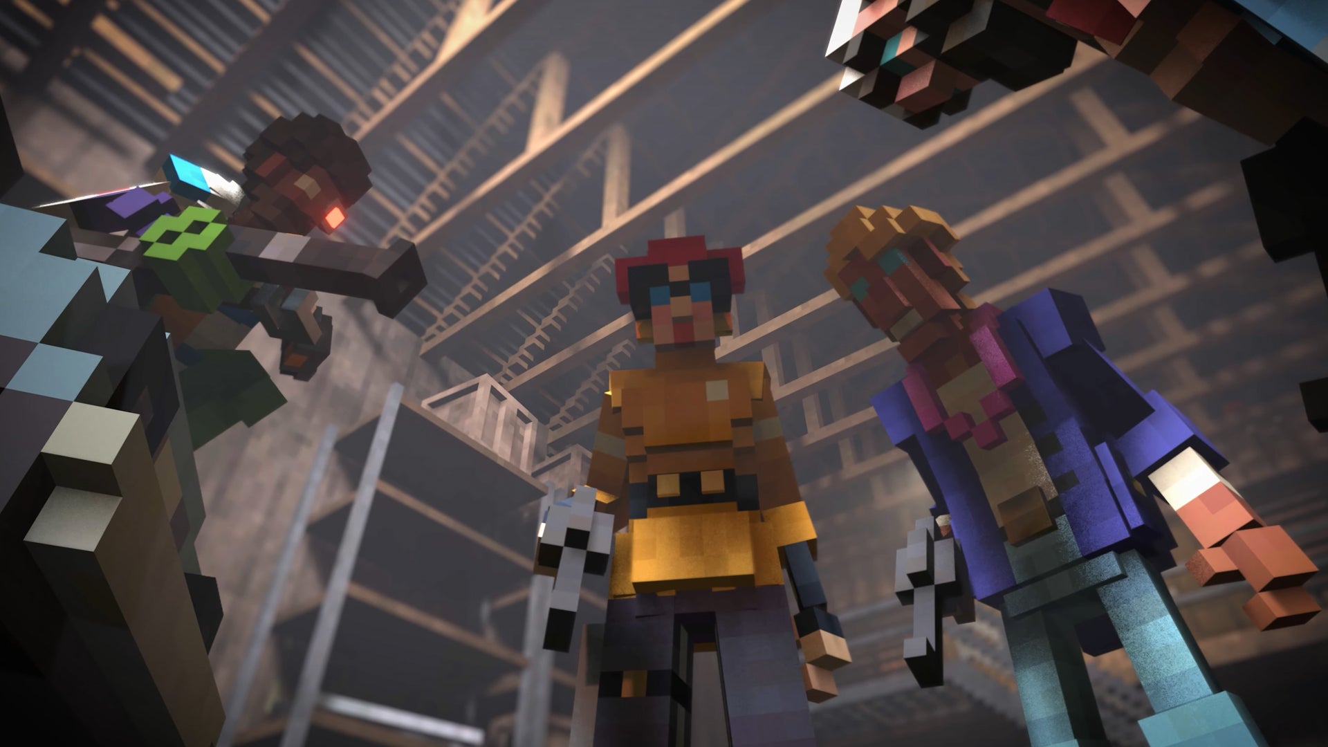 Four voxel characters looking down at a first-person camera perspective, all holding weapons, in Teardown. - 1