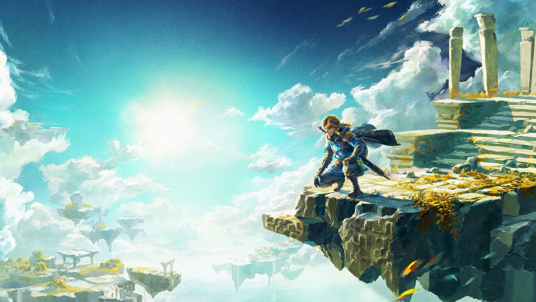 The Legend of Zelda: Tears of the Kingdom key art showing Link perched at the edge of a floating island in the sky, other islands floating in the distance. - 1