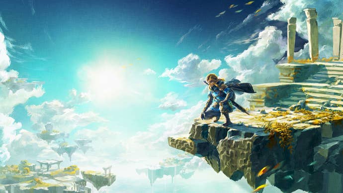 The Legend of Zelda: Tears of the Kingdom key art showing Link perched at the edge of a floating island in the sky, other islands floating in the distance.