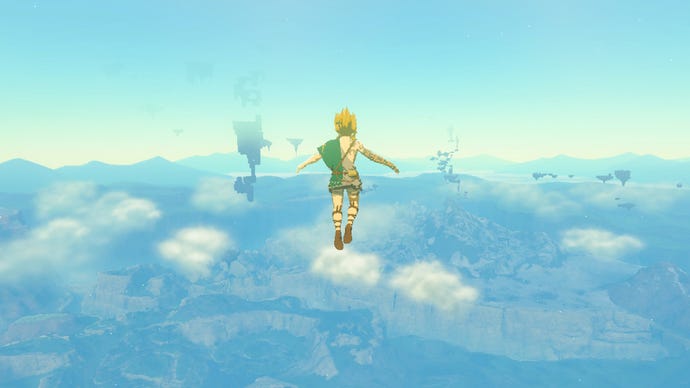 Legend of Zelda: Tears of the Kingdom screenshot showing Link falling from very high up in the sky above Hyrule, floating islands in the distance.