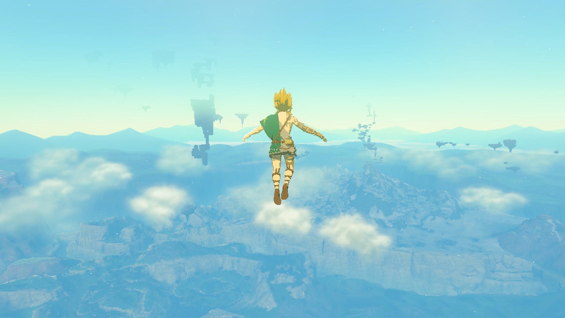 Legend of Zelda: Tears of the Kingdom screenshot showing Link falling from very high up in the sky above Hyrule, floating islands in the distance. - 5