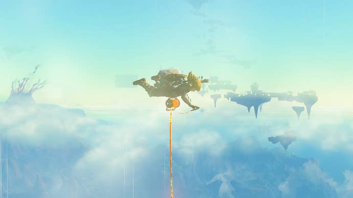 Tears of the Kingdom Glide Armor: An anime man with blonde hair is diving through the sky