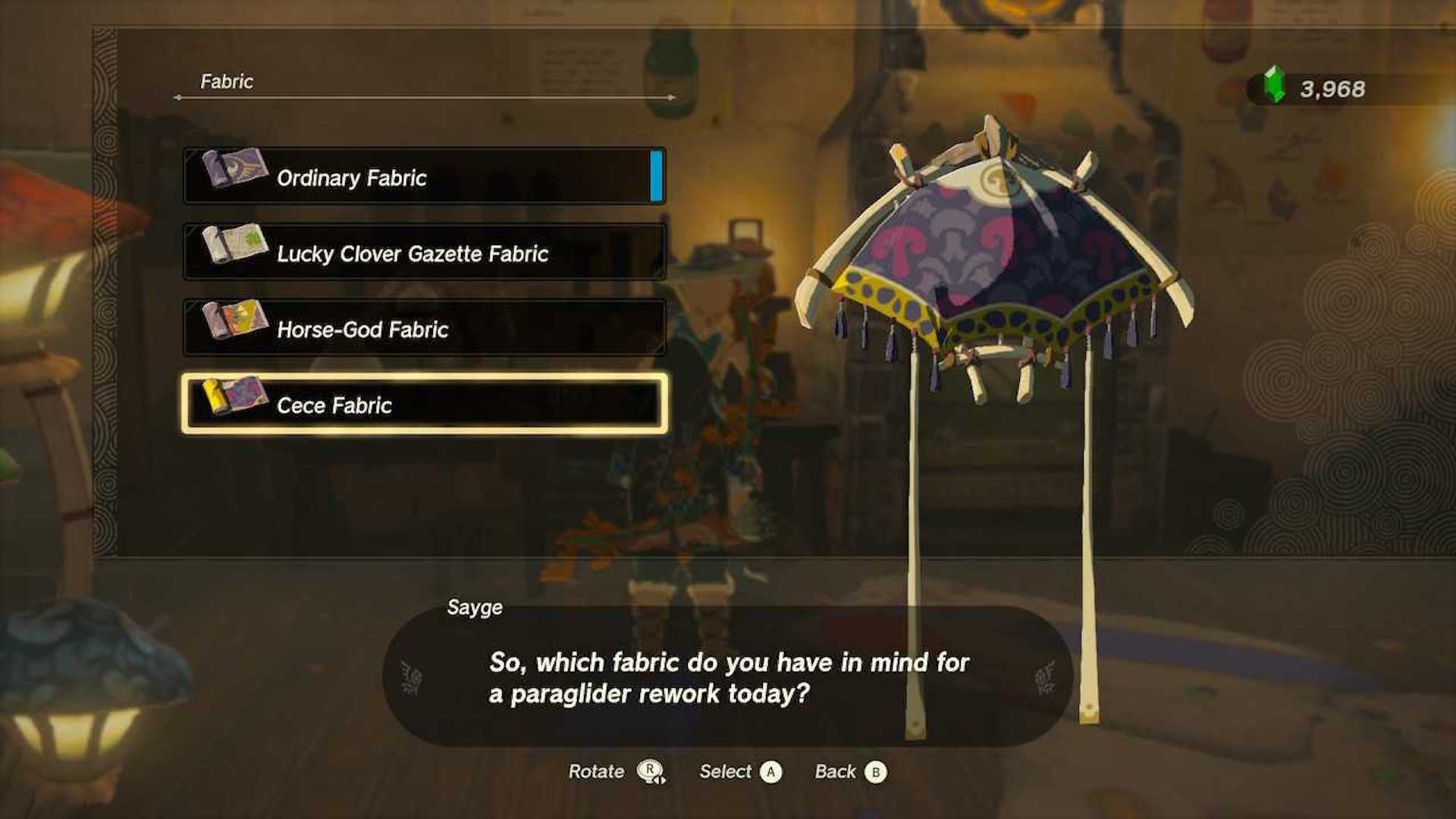 Link changing the design of his Paraglider at the Kochi Dye shop in Tears of the Kingdom&rsquo;s Hateno Village.